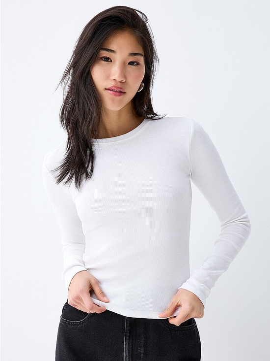 Divided Tops - Divided White Ribbed Long Sleeve Crewneck Top